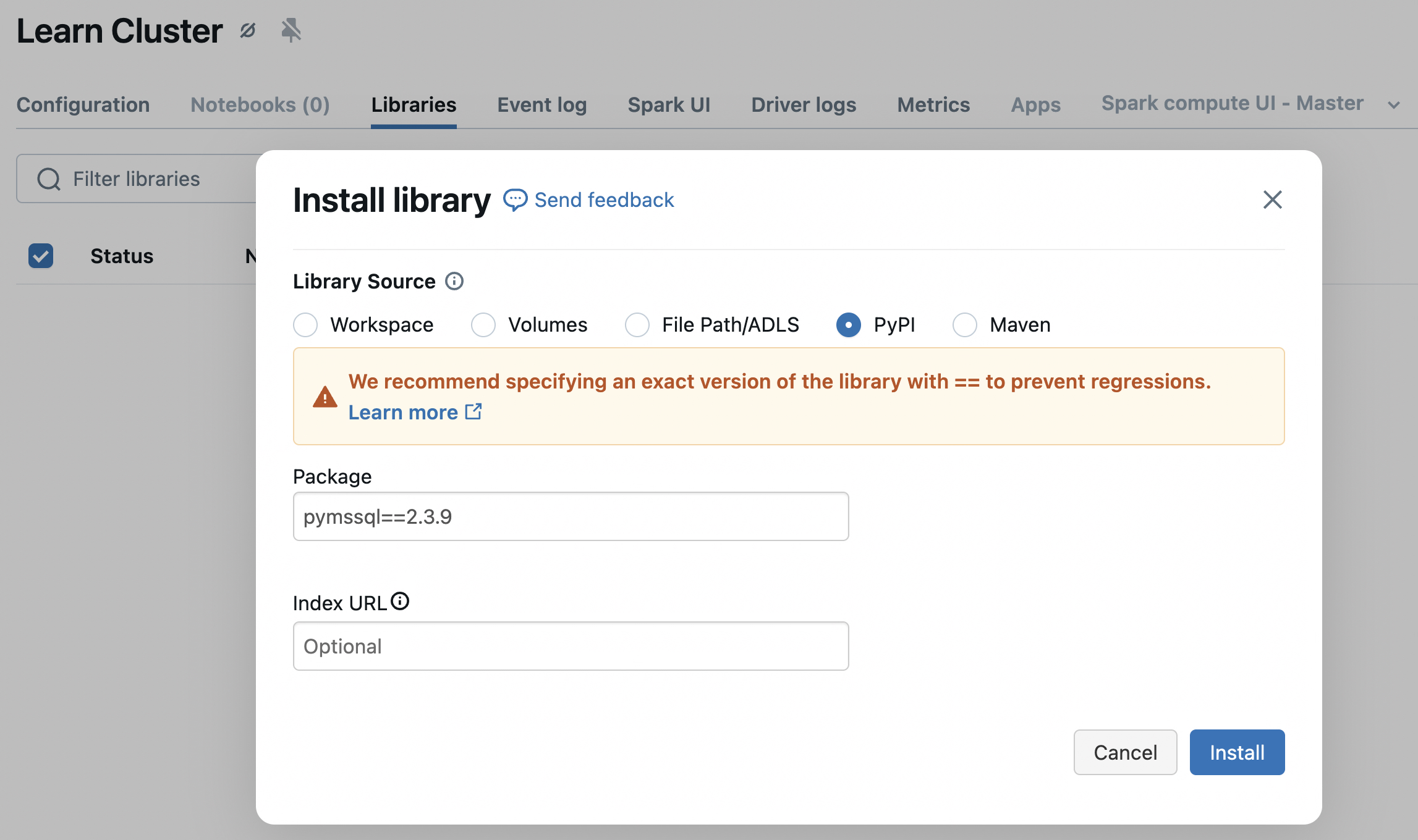 Screenshot of Azure Databricks Install library dialog (PyPI).