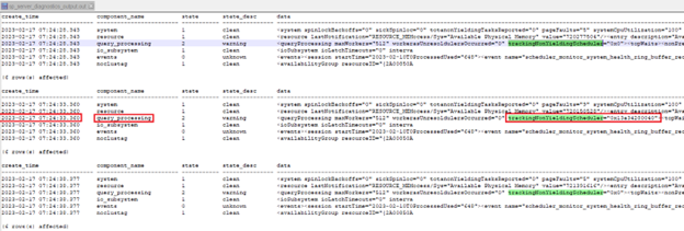 Screenshot of concatenated sp_server_diagnostics output showing create_time and query_processing results.
