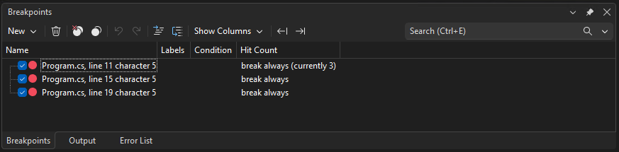 Breakpoints window Screenshot that shows the Breakpoints window.