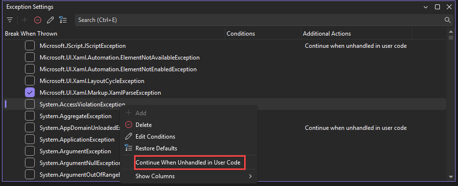 Screenshot of the Continue When Unhandled in User Code setting.