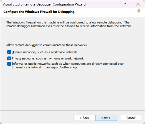 Remote Debugger configuration Screenshot of remote debugger configuration.