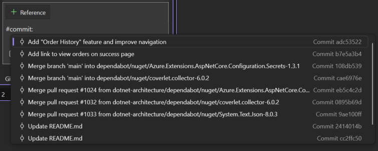 Screenshot of Copilot Chat showing recent commit suggestions after typing #commit:.