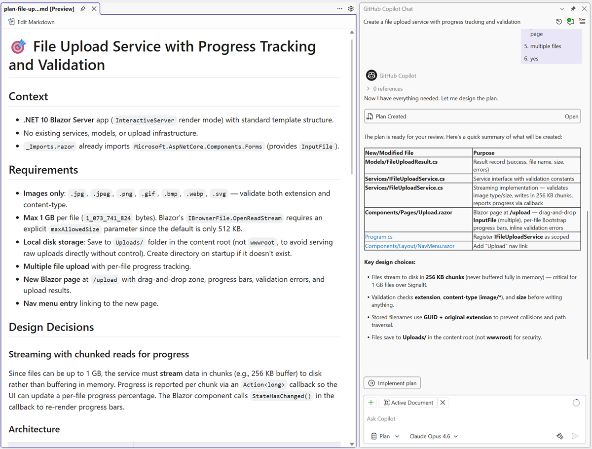 Screenshot of Copilot Chat showing an implementation plan created by the plan agent.