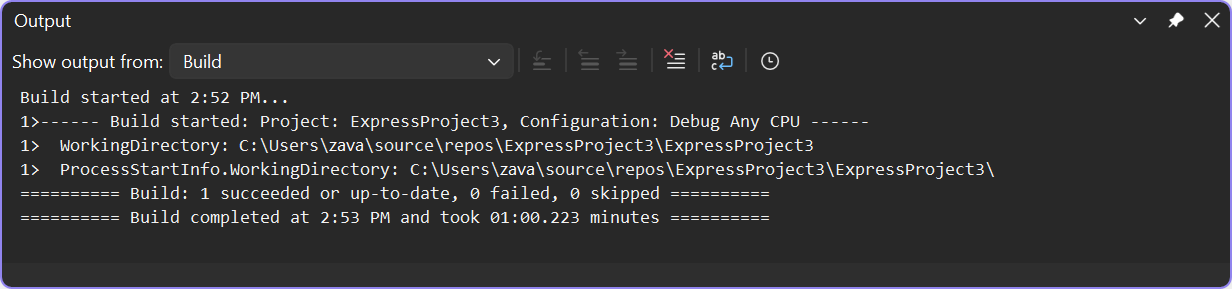 Screenshot of the Output window in Visual Studio showing minimal build output.