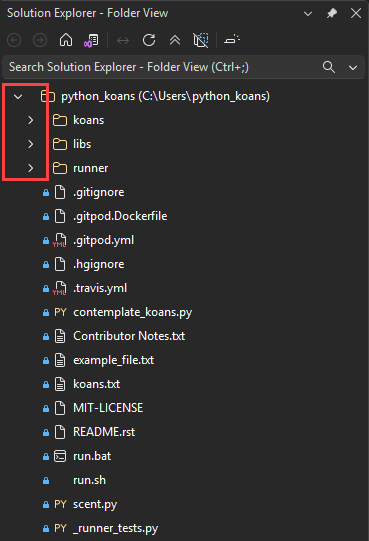 Screenshot that shows the expand and collapse arrows for folders in Visual Studio.
