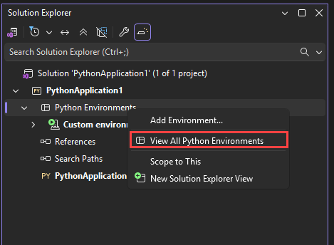 Screenshot that shows how to open the Python Environments window with right-click in Visual Studio.