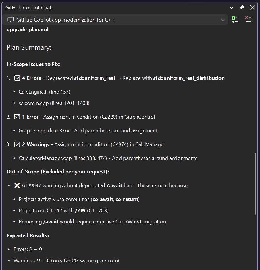 GiHub Copilot Chat window showing plan generated to address warnings and errors after updating to latest MSVC version