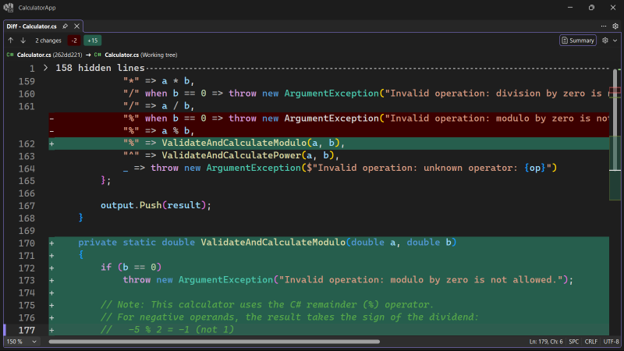 Diff view showing committed file version on left and working tree version on right