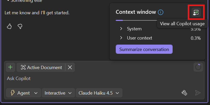 Donut chart icon in the Copilot prompt box opening plan usage details
