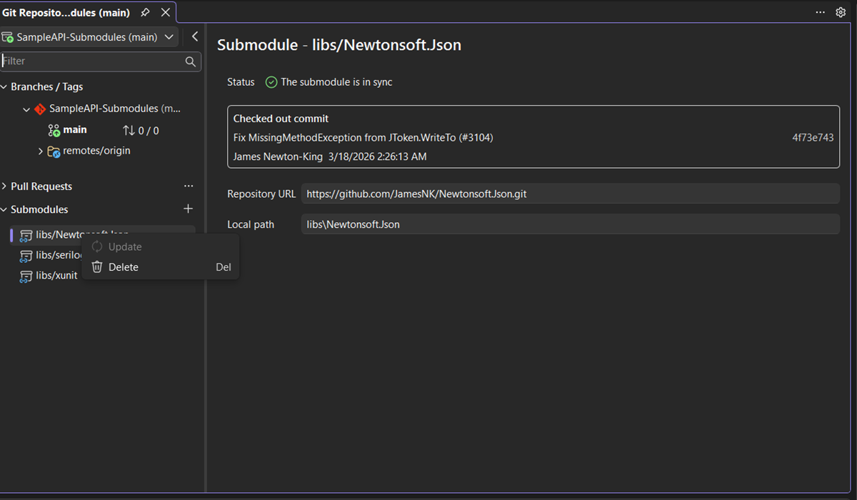Git Repository window showing the Submodules section