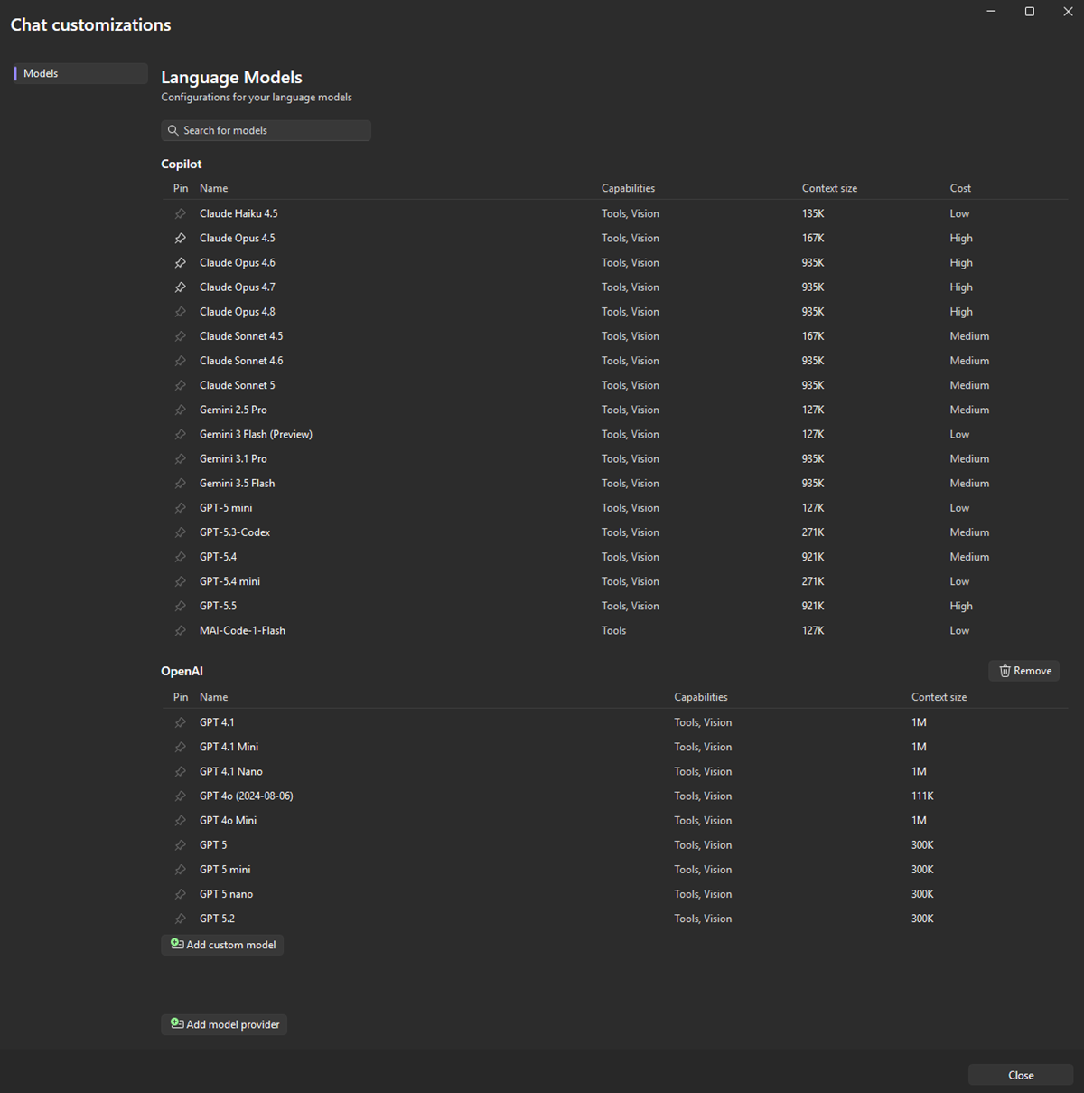 Model management view showing a thinking effort dropdown with low, medium, and high options