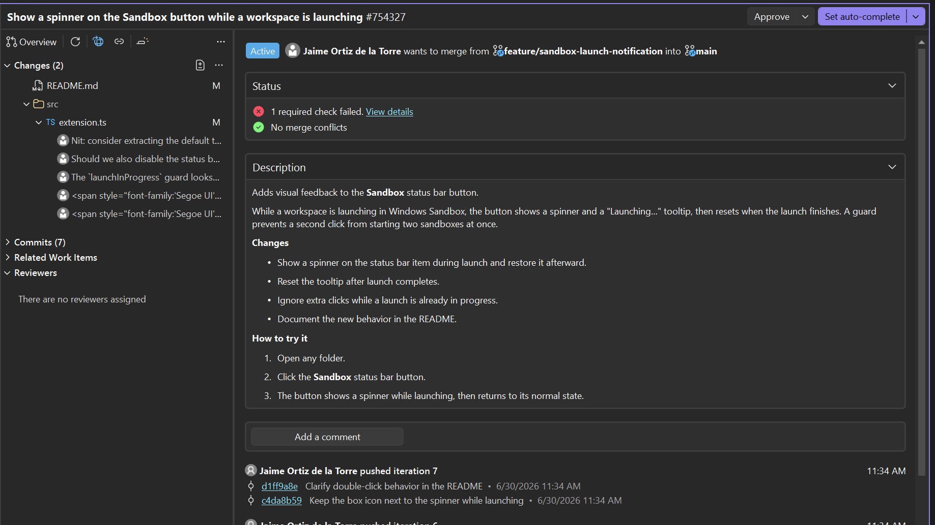 Overview tab in Visual Studio pull request view showing Autocomplete and update timeline