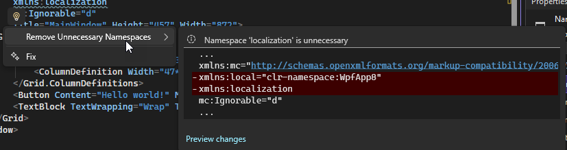 Screenshot of the XAML code editor's Remove Unnecessary Namespaces option that appears by using the Quick Actions lightbulb Screenshot of the XAML code editor's Remove Unnecessary Namespaces option from the Quick Actions lightbulb.