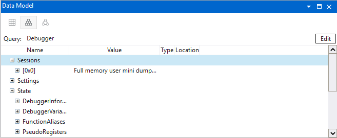 Screenshot of the Data Model window with debug object sessions in WinDbg.