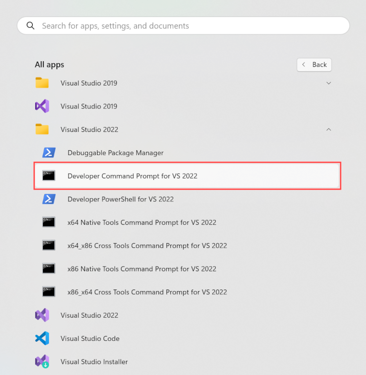 Screenshot of the Windows Start menu with the Developer Command Prompt for VS 2022 highlighted.