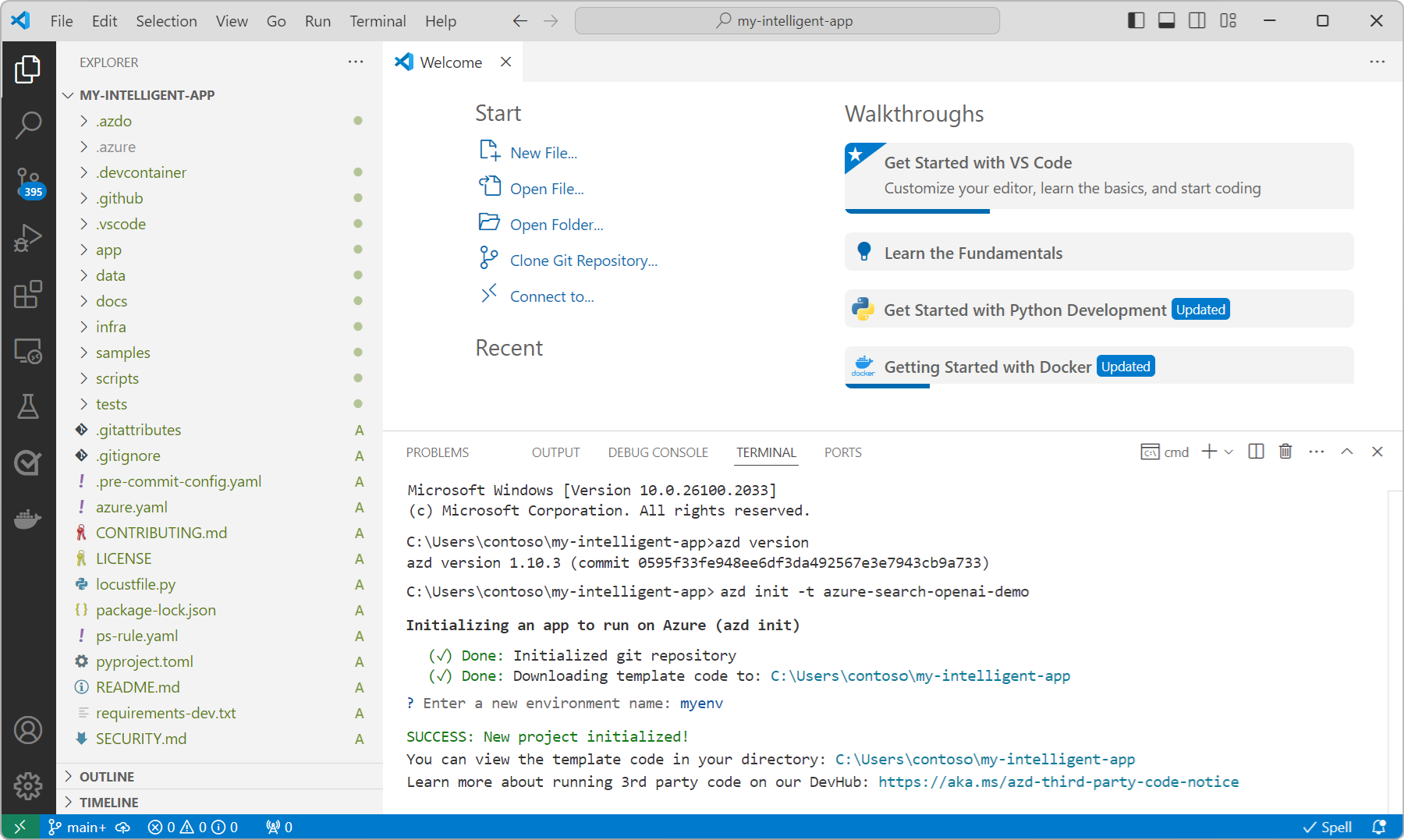 Captura de pantalla del directorio del proyecto my-intelligent-app abierto en la vista Explorador de Visual Studio Code.