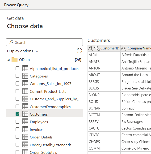 Captura de pantalla del cuadro de diálogo del Navegador de Power Query, con la tabla Clientes seleccionada.