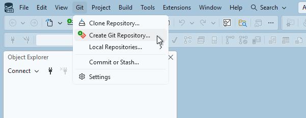Captura de pantalla de la opción Crear repositorio de Git en el menú Git de SQL Server Management Studio.