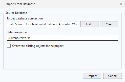 Captura de pantalla del cuadro de diálogo Importar base de datos en SSMS.