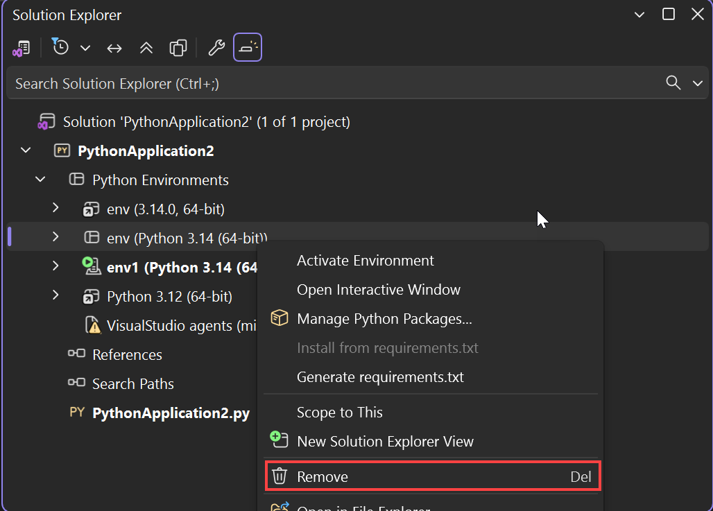 Captura de pantalla que muestra cómo quitar un entorno de Python.
