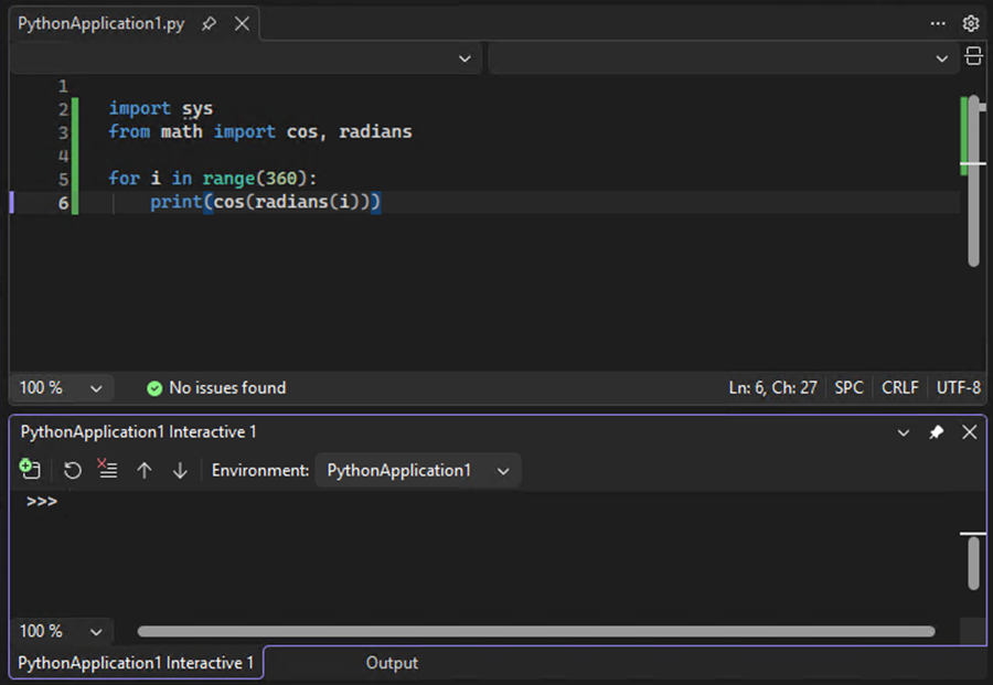 Captura de pantalla que muestra la ventana interactiva para Python abierta debajo del editor de código en Visual Studio.