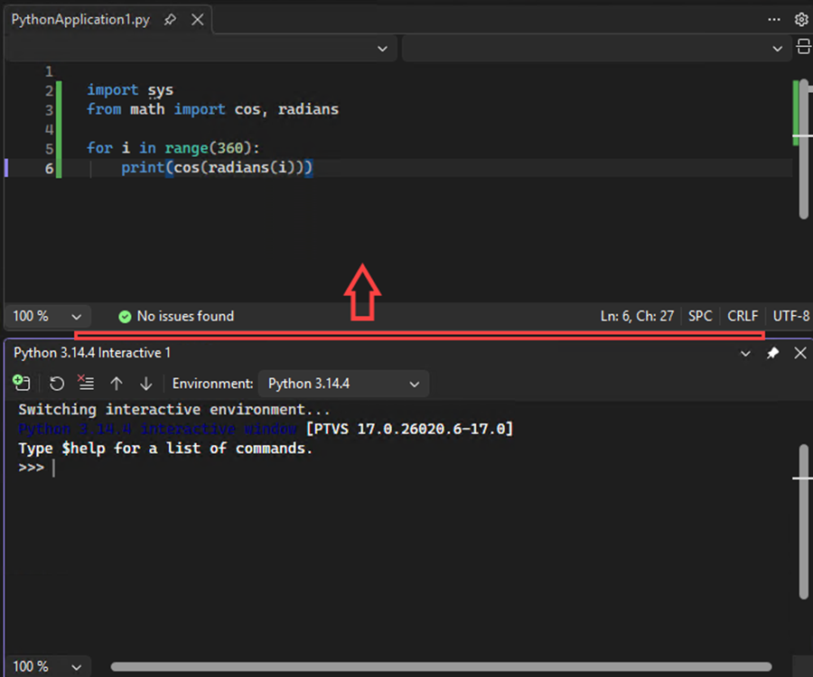 Captura de pantalla que muestra cómo mover el separador para aumentar el tamaño de la ventana interactiva en Visual Studio.