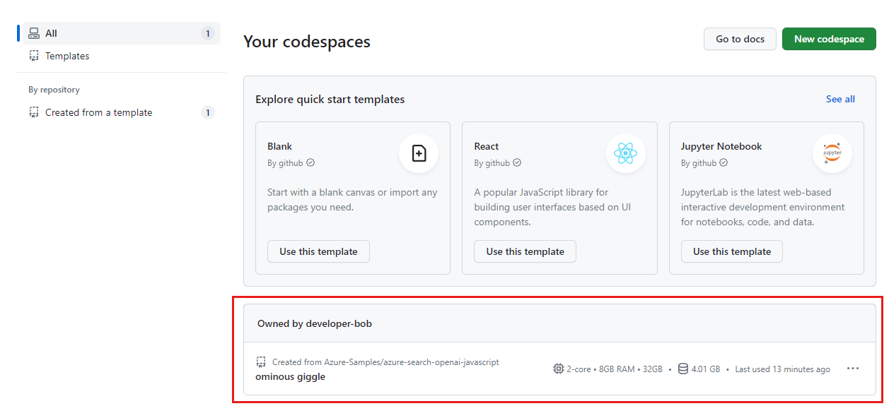 Capture d’écran de tous les Codespaces en cours d’exécution, y compris leur statut et leurs modèles.