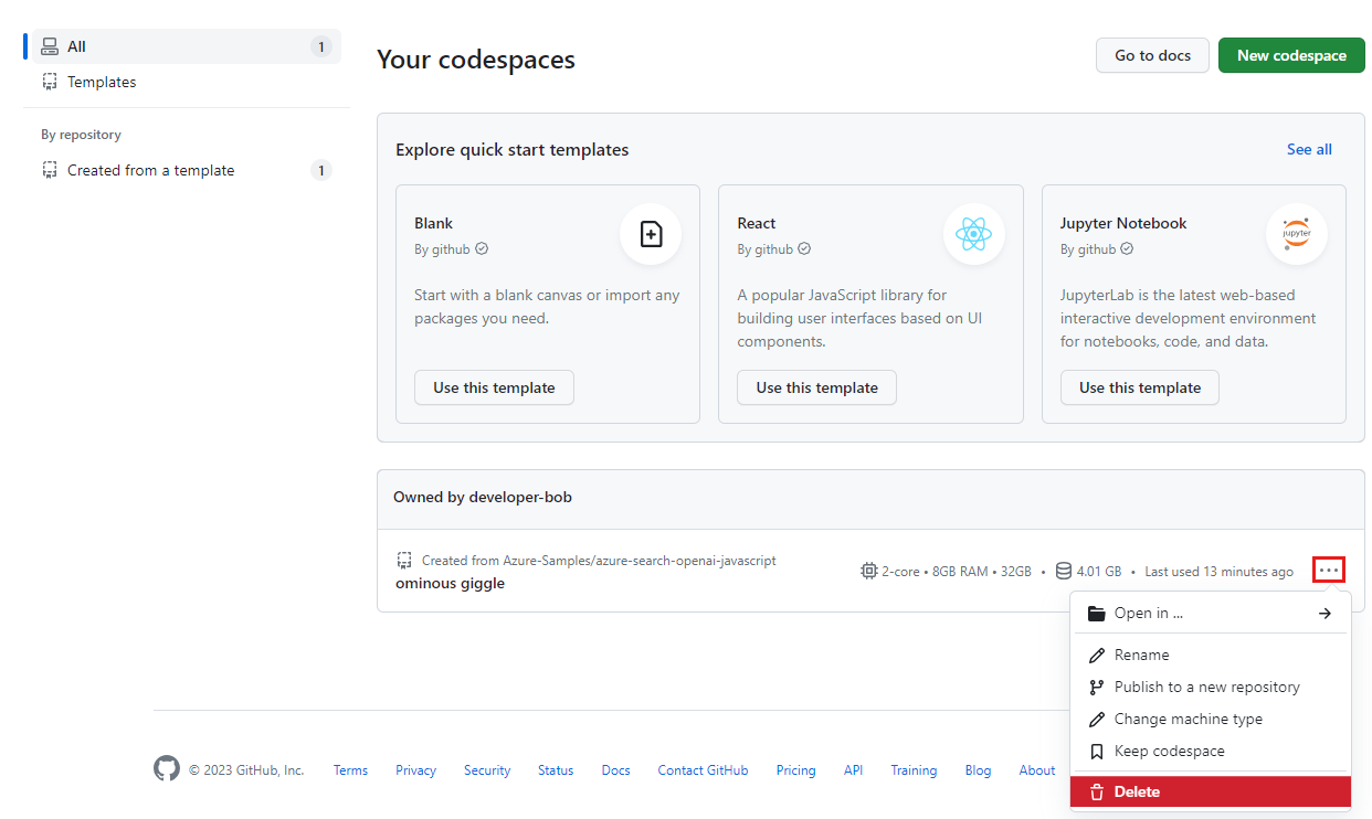 Capture d’écran du menu contextuel d’un seul codespace avec l’option de suppression mise en surbrillance.