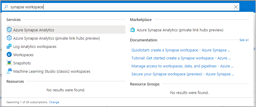 Capture d’écran de la barre de recherche du portail Azure avec les espaces de travail Synapse tapés.