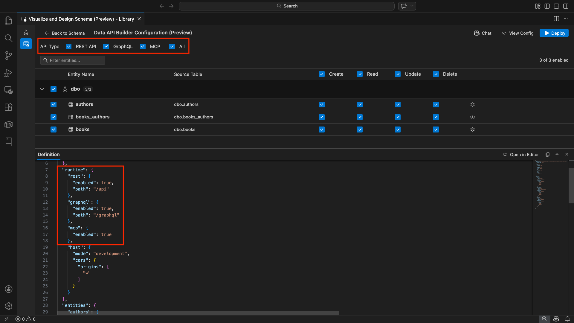 Capture d’écran de toutes les cases à cocher API REST, GraphQL, MCP en haut de la vue de configuration du générateur d’API de données.