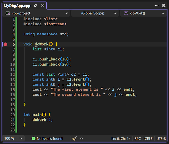 Screenshot qui montre comment définir un point d’arrêt dans le débogueur Visual Studio.