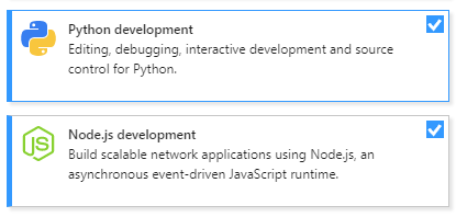 Node.js et Python charges de travail de développement