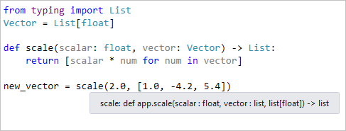 Capture d’écran montrant comment pointer sur un appel de fonction pour révéler des indicateurs de type.