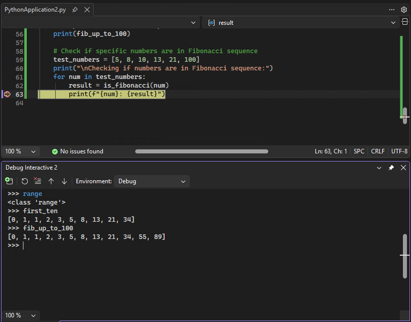 Screenshot qui montre comment utiliser la fenêtre interactive de débogage Python dans Visual Studio.