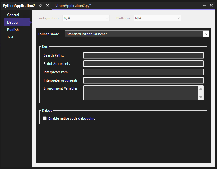 Screenshot qui affiche les propriétés de débogage du projet Python dans le débogueur Visual Studio.