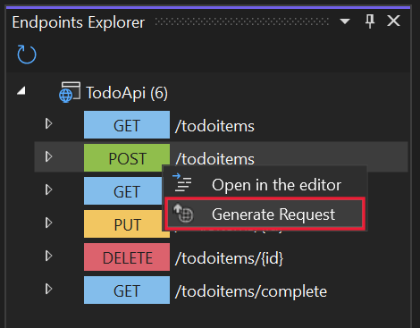 Nel menu contestuale di Esploratore di endpoint, è evidenziata la voce di menu Genera richiesta.