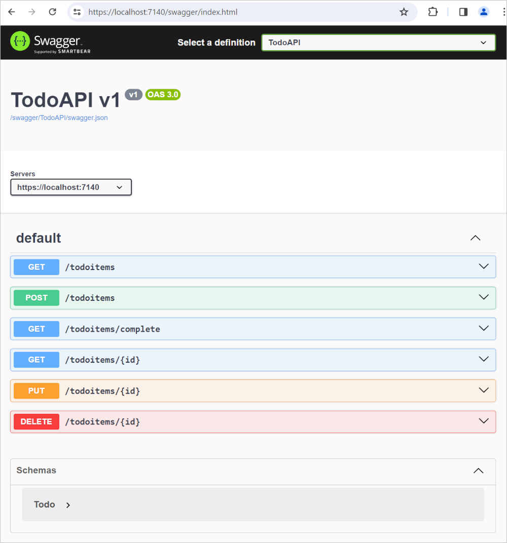 Pagina di test dell'API generata da Swagger
