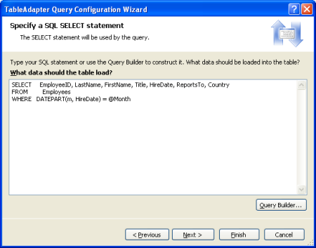 Restituisci solo le righe in cui la colonna HireDate è minore o uguale al parametro @HiredBeforeDate