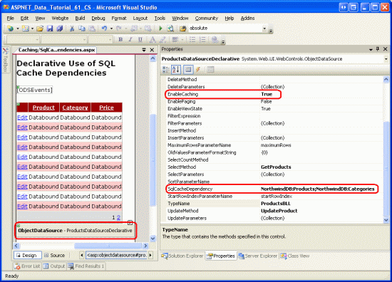 Configurare ObjectDataSource per supportare la memorizzazione nella cache usando le dipendenze della cache SQL per i prodotti e le categorie
