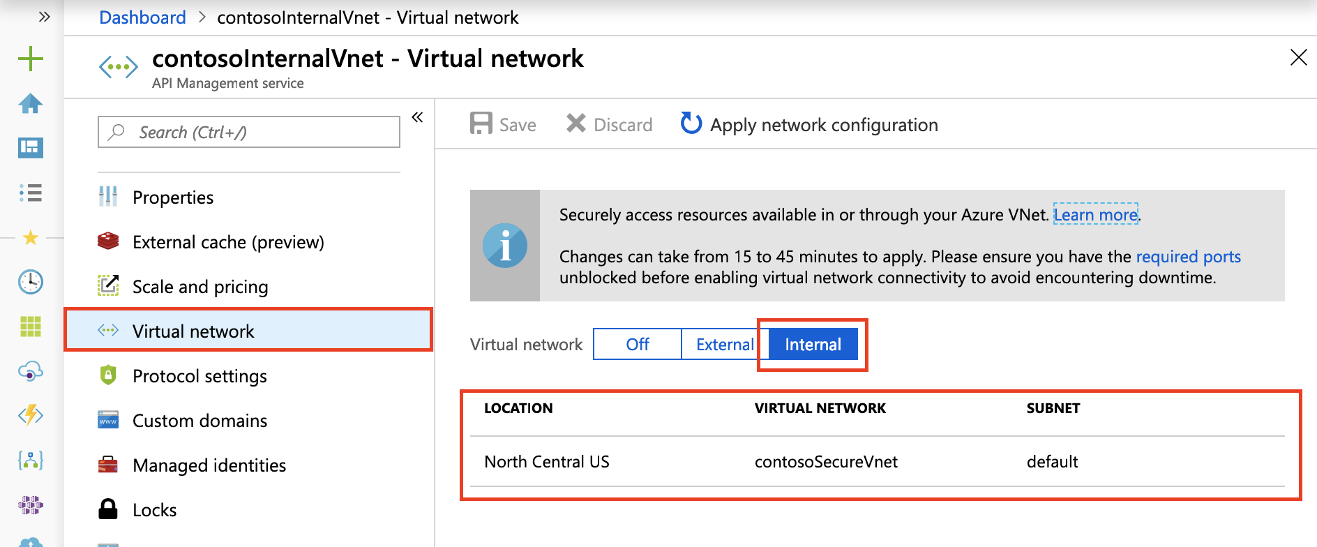 Configura la VNet interna nel portale di Azure