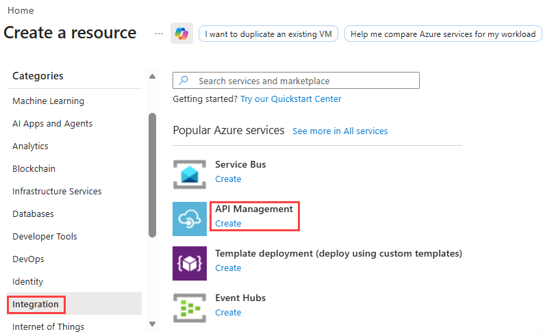 Screenshot che mostra la schermata Crea una risorsa con Gestione API evidenziata.