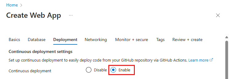 Screenshot che mostra come abilitare la distribuzione di GitHub Actions nella scheda Distribuzione del servizio app.