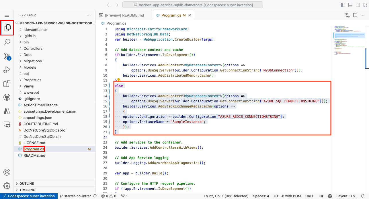 che mostra un codespace GitHub e il file Program.cs aperto.