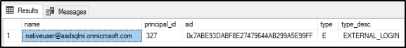 Screenshot della scheda risultati dell'Object Explorer di SSMS che mostra il nome, principal_id, sid, tipo e type_desc del login appena aggiunto.