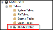 Screenshot di Object Explorer in SSMS che mostra la struttura di cartelle per le tabelle in MyMITestDB. La cartella dbo.TestTable è evidenziata.
