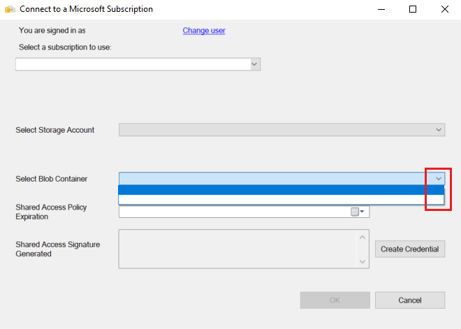 Screenshot della finestra di dialogo Connetti a una sottoscrizione Microsoft. La freccia giù nell'elenco a discesa Seleziona contenitore BLOB è indicata.