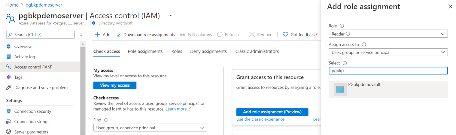 Screenshot che mostra l'opzione per impostare l'accesso Lettore MSI di un insieme di credenziali di Backup di Azure su un server di Database di Azure per PostgreSQL.