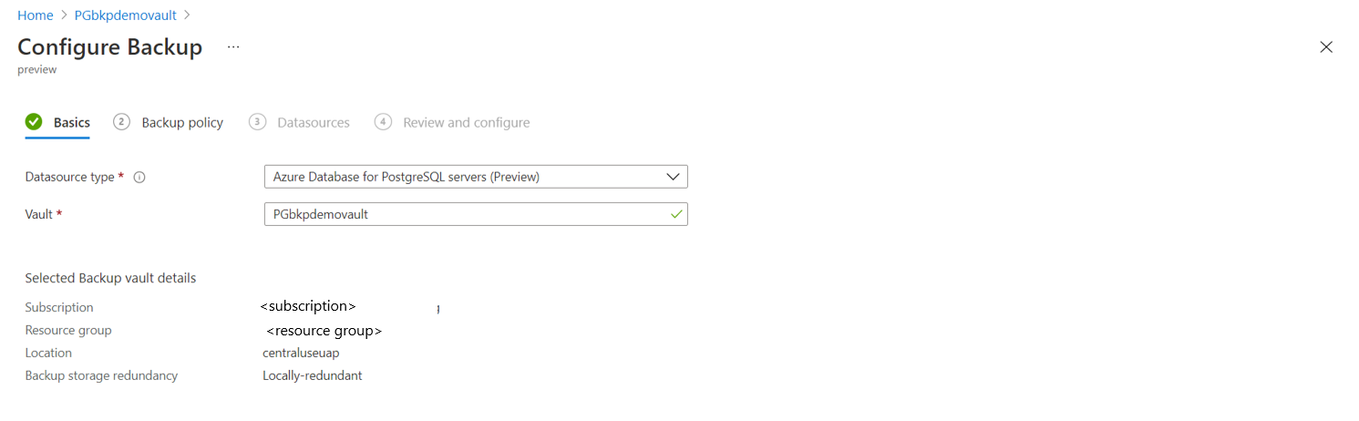 Screenshot che mostra la scheda per l'immissione di informazioni di base sul backup.