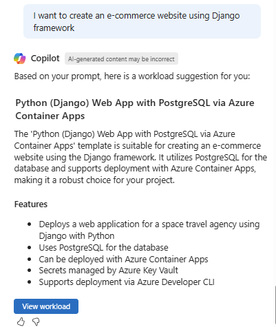 Screenshot di un esempio di raccomandazione di modello da Azure Copilot.