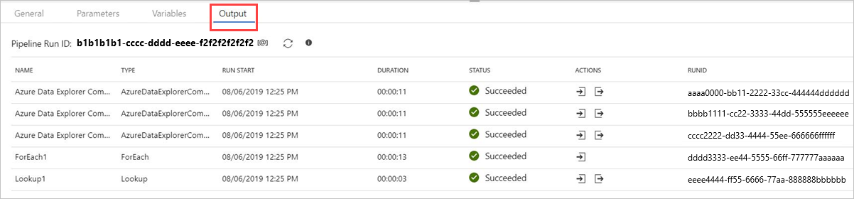 output dell'attività del comando di Azure Data Explorer.